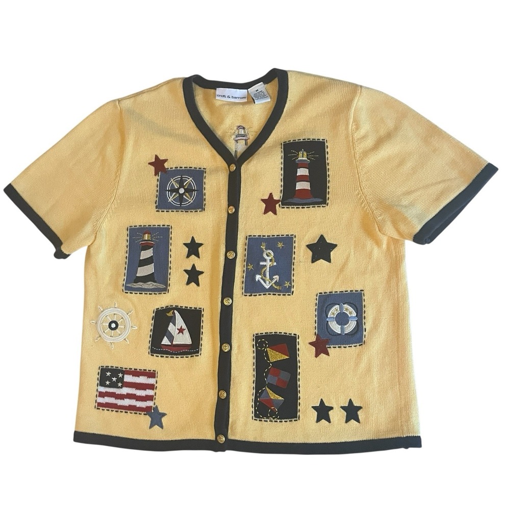 VTG Croft & Barrow Women's Size M‎ Sweater Yellow Coastal Nautical Lighthouse